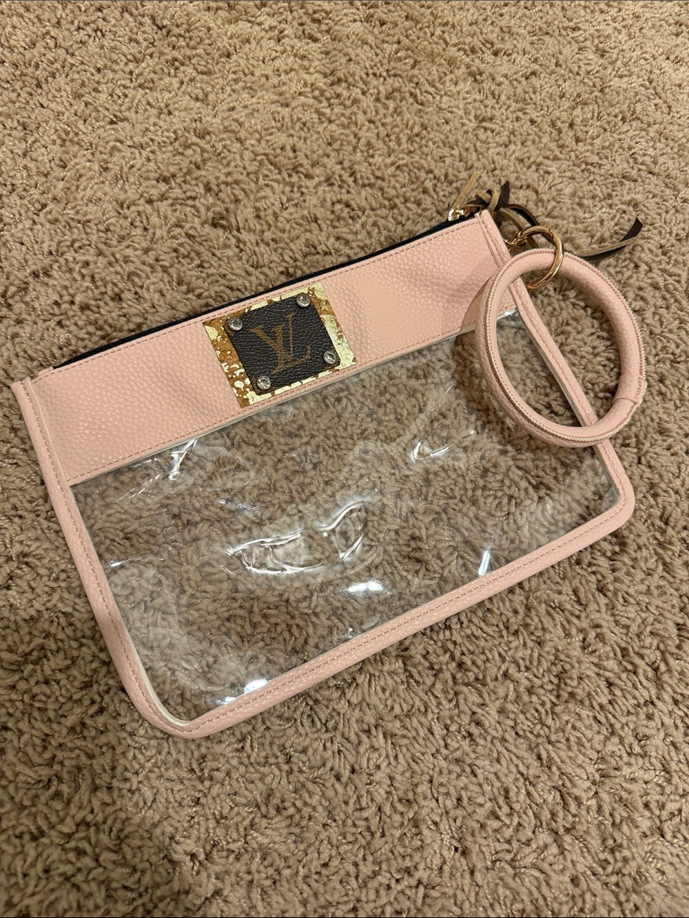 Pink Clear Wristlet Clutch with Designer Patch